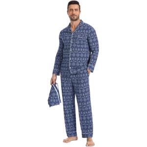 GYS Premium Bamboo Viscose Men’s Pajamas Set Long Sleeve Button Down 2 Pieces Sleepwear Sets(Navy Elk)