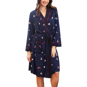 GYS Premium Viscose from Bamboo Robe for Women Long Sleeve Bathrobes Soft Kimono Robes(Navy Christmas Puppy)