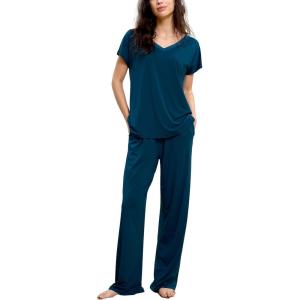 GYS Short Sleeve Pajama Set for Women Soft Bamboo Viscose Satin V Neck 2 Piece Sleep Sets(Ink Blue)