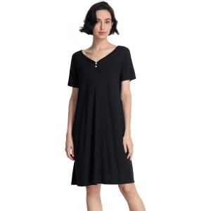 GYS Women’s Nightgowns Bamboo Viscose Soft Comfy Short Sleeve V Neck Sleep Dress(Black)