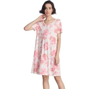 GYS Women’s Nightgowns Bamboo Viscose Soft Comfy Short Sleeve V Neck Sleep Dress(Peony)