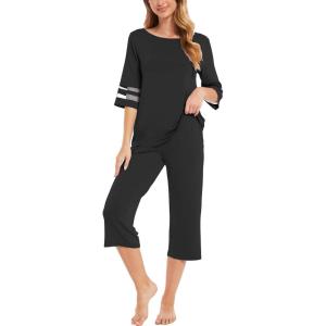 GYS Womens Pajama Set – Viscose Made from Bamboo, 3/4 Sleeve Capri Pajama Set Soft 2 Piece Sleepwear Pjs Lounge Set(Black)