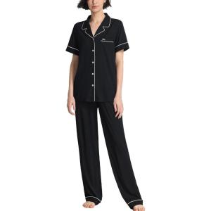GYS Women’s Pajama Set Bamboo Viscose Notch Collar Button Down Short Sleeve Top with Pants 2 Piece Sleepwear(Black)