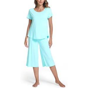 GYS Women’s Pajama Sets Short Sleeve Top and Capri Pant Solid Color Sleepwear, Viscose from Bamboo(Aqua)