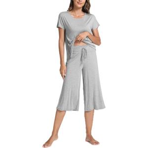 GYS Women’s Pajama Sets Short Sleeve Top and Capri Pant Solid Color Sleepwear, Viscose from Bamboo(Heather Grey)