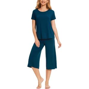 GYS Women’s Pajama Sets Short Sleeve Top and Capri Pant Solid Color Sleepwear, Viscose from Bamboo(Ink Blue)