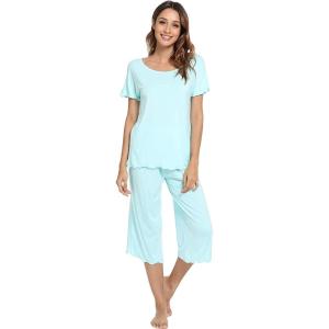 LazyCozy Womens Pajama Sets Viscose from Bamboo Pj Set Short Sleeve Top with Capri Pants Sleepwear 2 Piece Lounge Set(Aqua)
