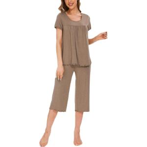 LazyCozy Womens Pajama Sets Viscose from Bamboo Pj Set Short Sleeve Top with Capri Pants Sleepwear 2 Piece Lounge Set(C – Brown)