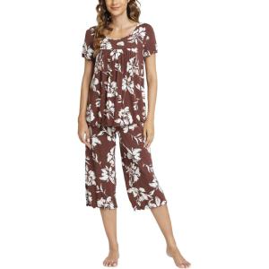 LazyCozy Womens Pajama Sets Viscose from Bamboo Pj Set Short Sleeve Top with Capri Pants Sleepwear 2 Piece Lounge Set(C – Coffee)