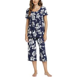 LazyCozy Womens Pajama Sets Viscose from Bamboo Pj Set Short Sleeve Top with Capri Pants Sleepwear 2 Piece Lounge Set(C – Navy Flowers)