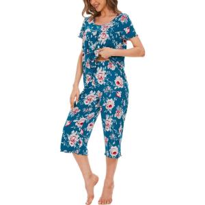 LazyCozy Womens Pajama Sets Viscose from Bamboo Pj Set Short Sleeve Top with Capri Pants Sleepwear 2 Piece Lounge Set(C – Teal Blue Flowers)