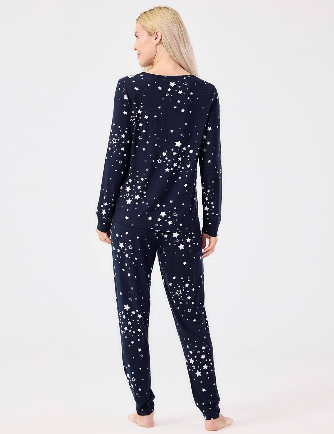 imageGYS Bamboo Viscose Sleep Sets for Women Long Sleeve Crew Neck Pajama Sets with PocketsBlue Stars