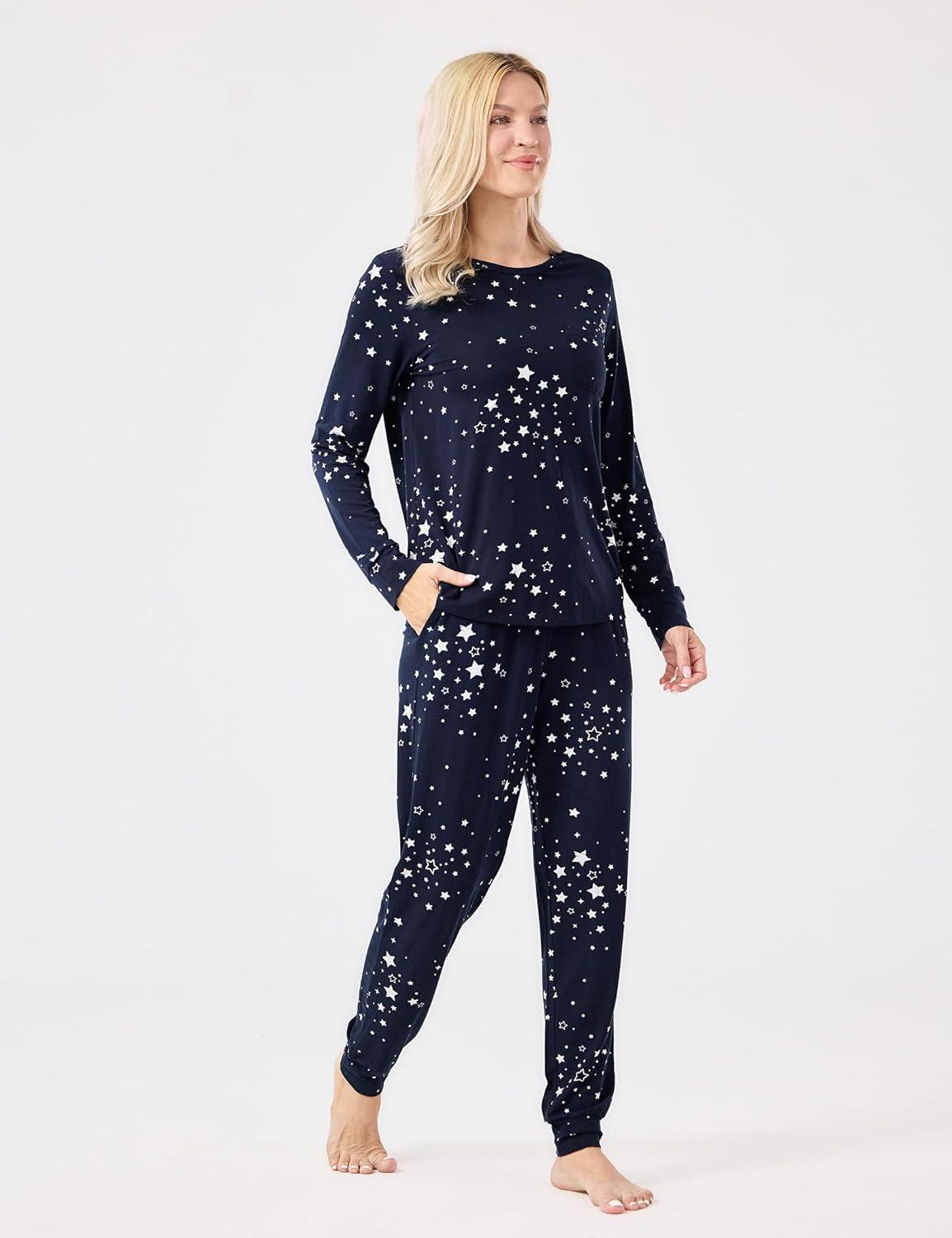 imageGYS Bamboo Viscose Sleep Sets for Women Long Sleeve Crew Neck Pajama Sets with PocketsBlue Stars