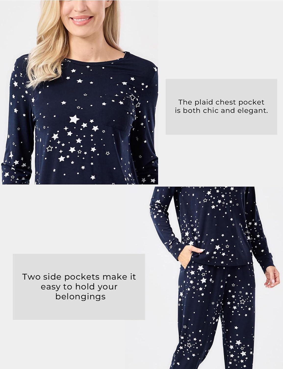 imageGYS Bamboo Viscose Sleep Sets for Women Long Sleeve Crew Neck Pajama Sets with PocketsBlue Stars