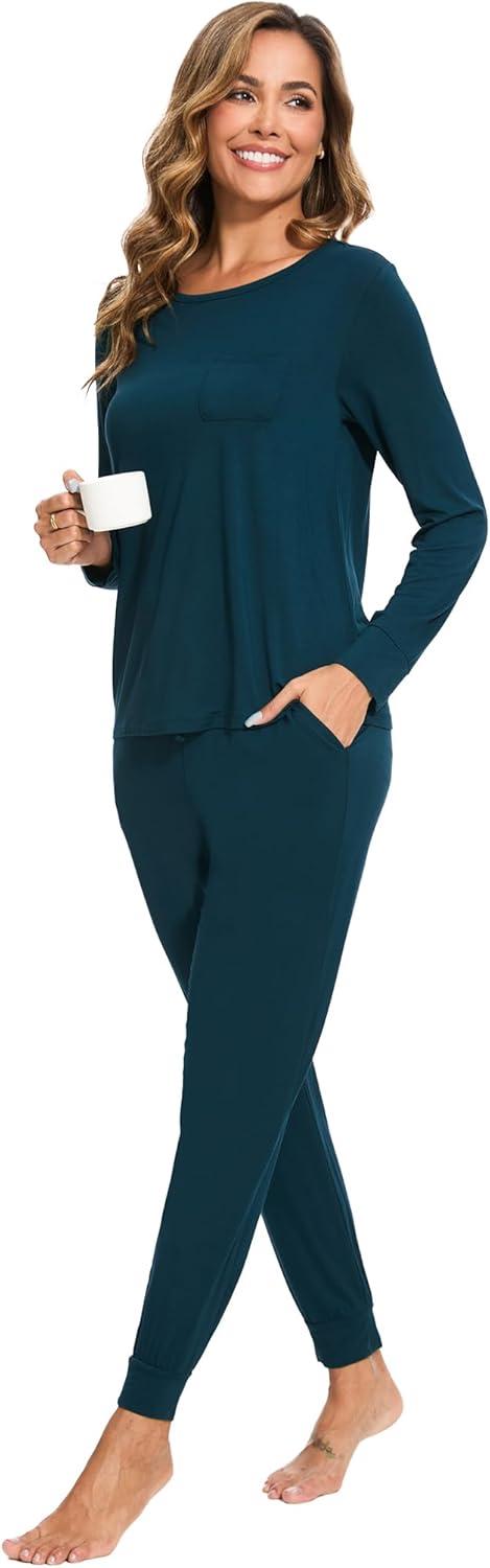 imageGYS Bamboo Viscose Sleep Sets for Women Long Sleeve Crew Neck Pajama Sets with PocketsDark Cyan