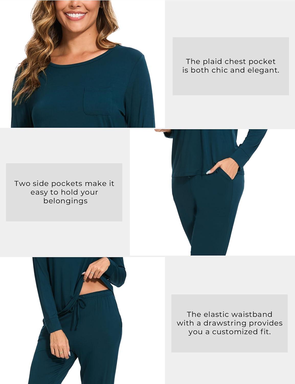 imageGYS Bamboo Viscose Sleep Sets for Women Long Sleeve Crew Neck Pajama Sets with PocketsDark Cyan