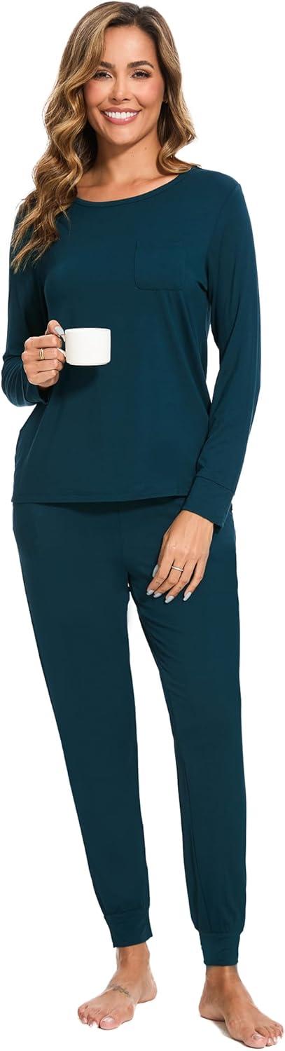 imageGYS Bamboo Viscose Sleep Sets for Women Long Sleeve Crew Neck Pajama Sets with PocketsDark Cyan
