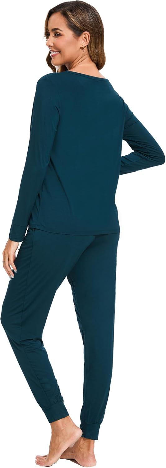 imageGYS Bamboo Viscose Sleep Sets for Women Long Sleeve Crew Neck Pajama Sets with PocketsDark Cyan