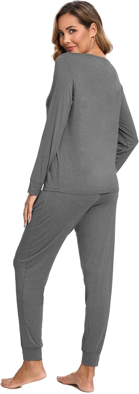imageGYS Bamboo Viscose Sleep Sets for Women Long Sleeve Crew Neck Pajama Sets with PocketsDark Heather Grey