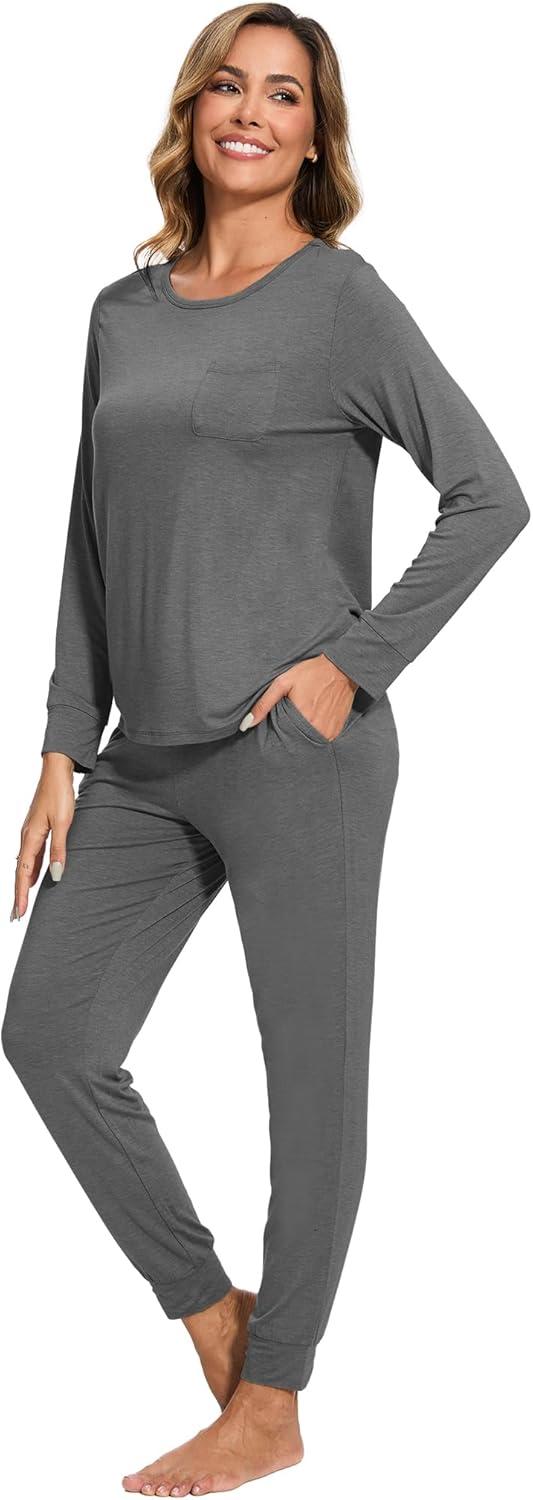 imageGYS Bamboo Viscose Sleep Sets for Women Long Sleeve Crew Neck Pajama Sets with PocketsDark Heather Grey