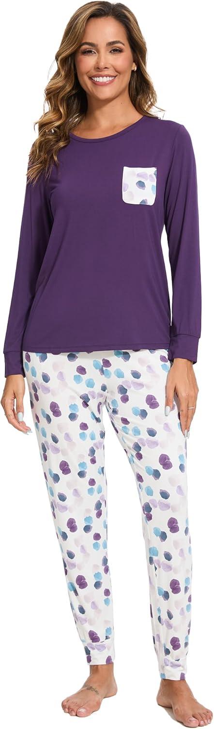 imageGYS Bamboo Viscose Sleep Sets for Women Long Sleeve Crew Neck Pajama Sets with PocketsPurple Dots