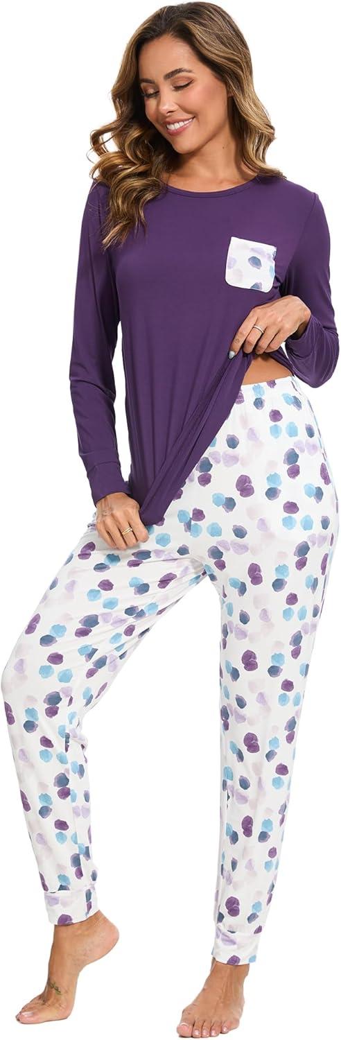 imageGYS Bamboo Viscose Sleep Sets for Women Long Sleeve Crew Neck Pajama Sets with PocketsPurple Dots