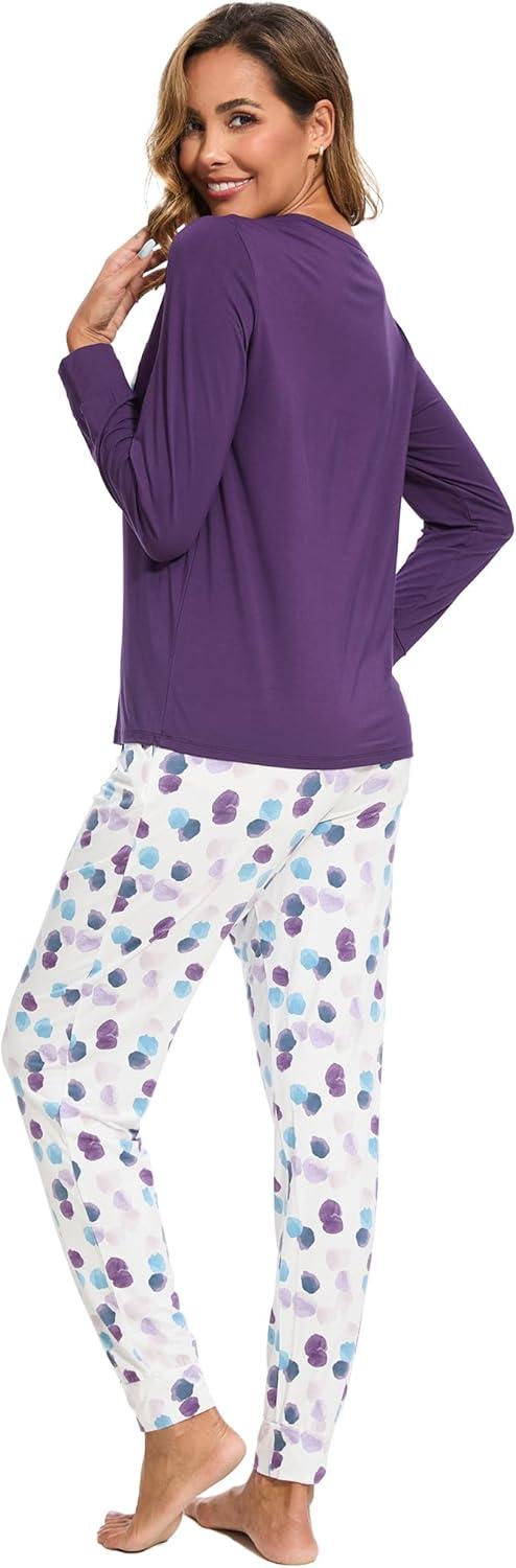 imageGYS Bamboo Viscose Sleep Sets for Women Long Sleeve Crew Neck Pajama Sets with PocketsPurple Dots