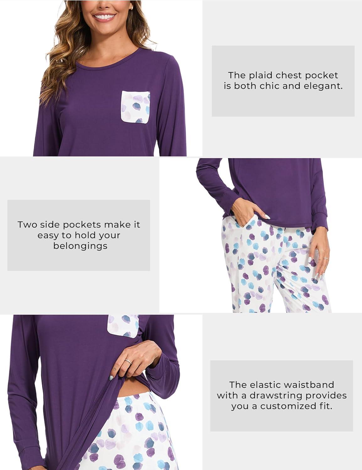 imageGYS Bamboo Viscose Sleep Sets for Women Long Sleeve Crew Neck Pajama Sets with PocketsPurple Dots
