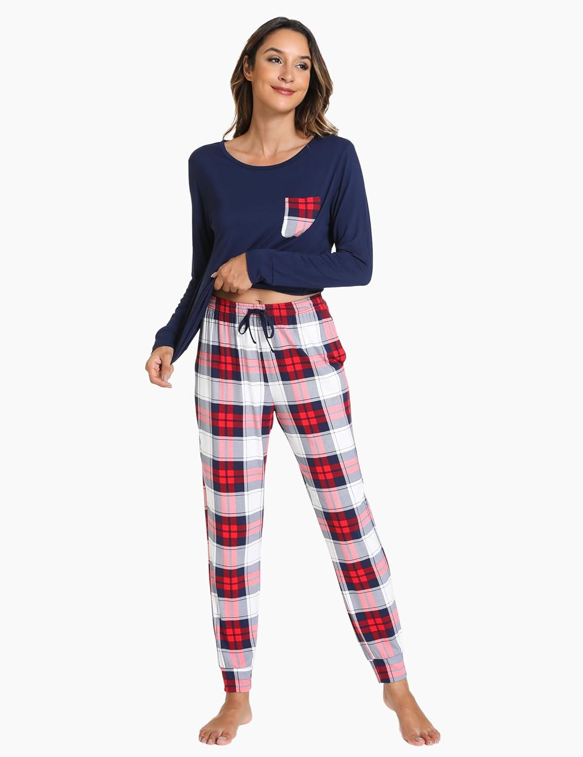 imageGYS Bamboo Viscose Sleep Sets for Women Long Sleeve Crew Neck Pajama Sets with PocketsWhite Red Plaid