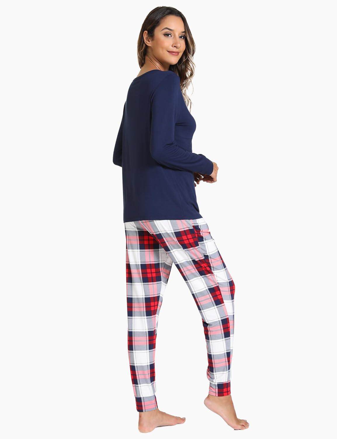 imageGYS Bamboo Viscose Sleep Sets for Women Long Sleeve Crew Neck Pajama Sets with PocketsWhite Red Plaid