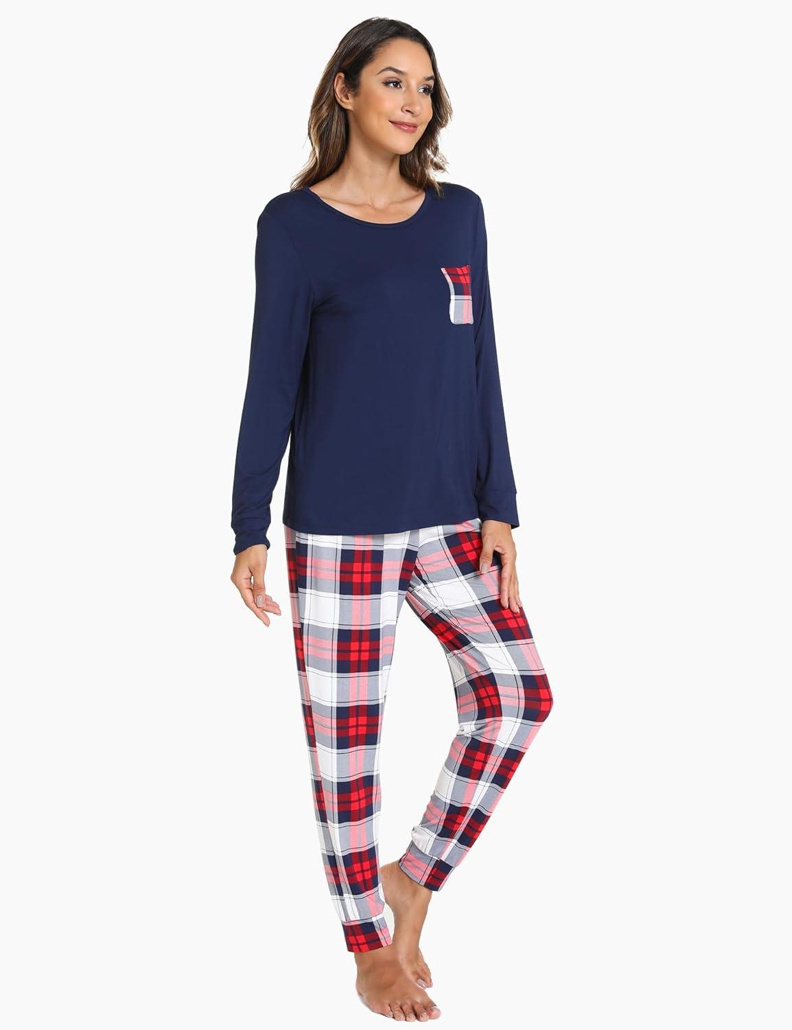 imageGYS Bamboo Viscose Sleep Sets for Women Long Sleeve Crew Neck Pajama Sets with PocketsWhite Red Plaid