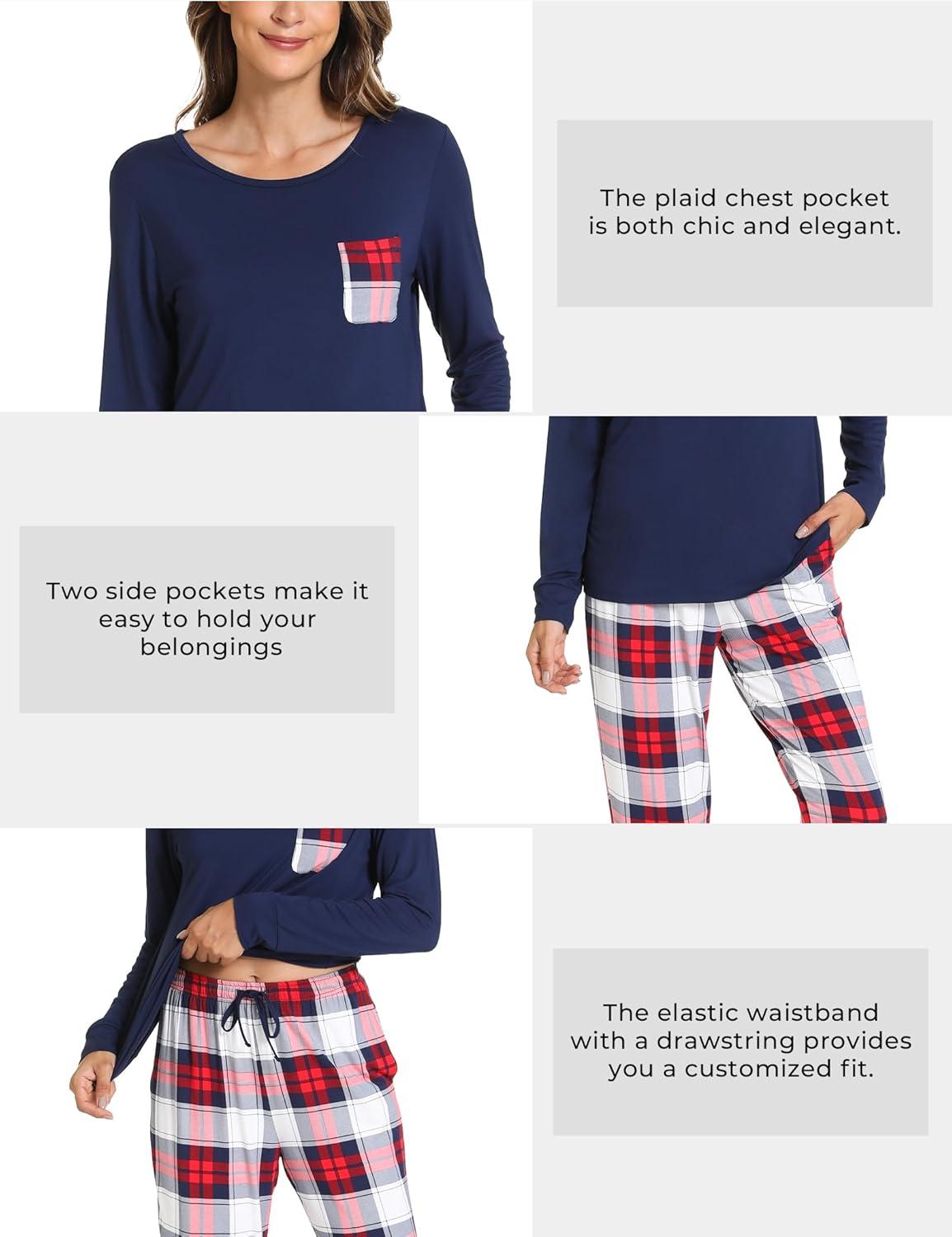 imageGYS Bamboo Viscose Sleep Sets for Women Long Sleeve Crew Neck Pajama Sets with PocketsWhite Red Plaid