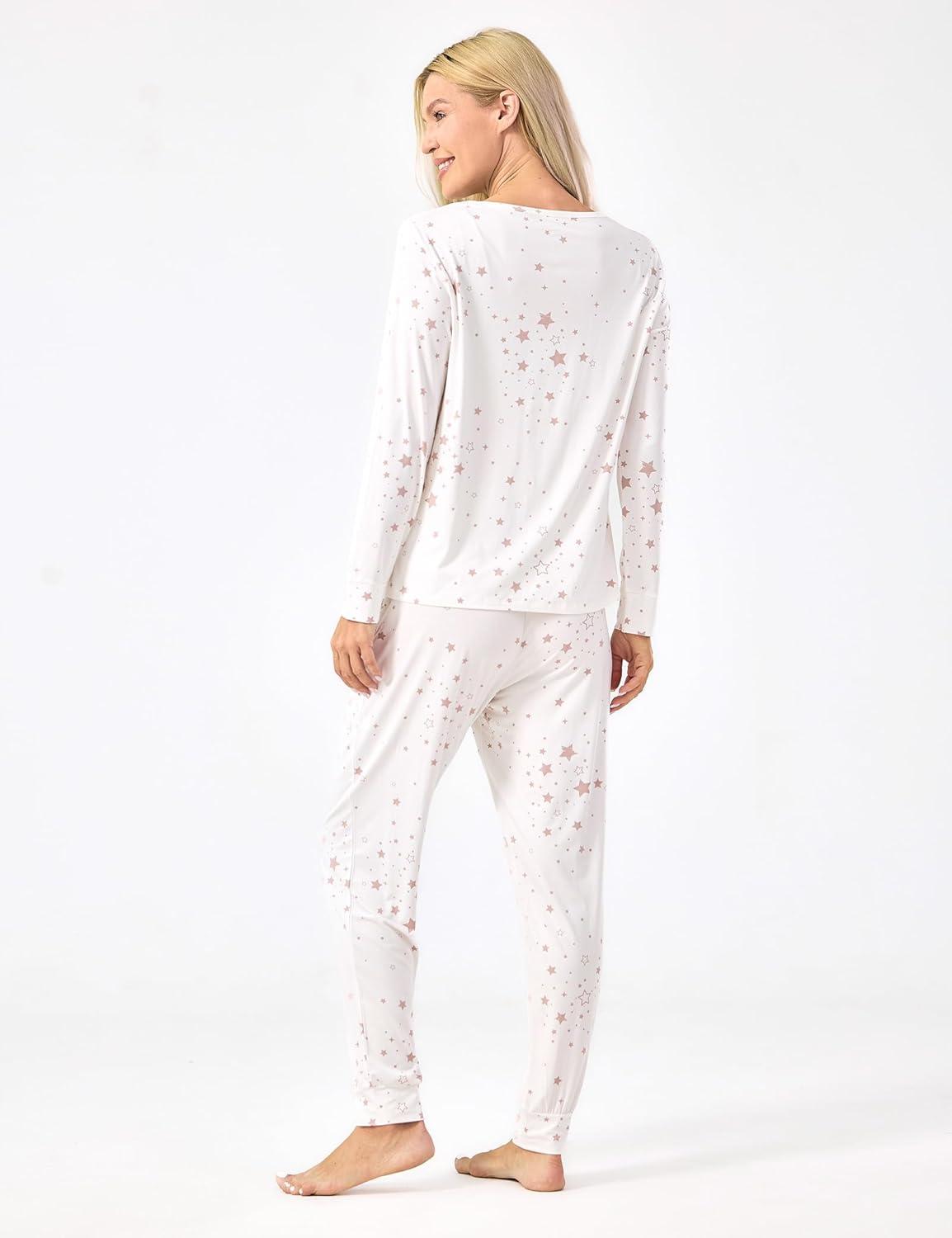 imageGYS Bamboo Viscose Sleep Sets for Women Long Sleeve Crew Neck Pajama Sets with PocketsWhite Stars