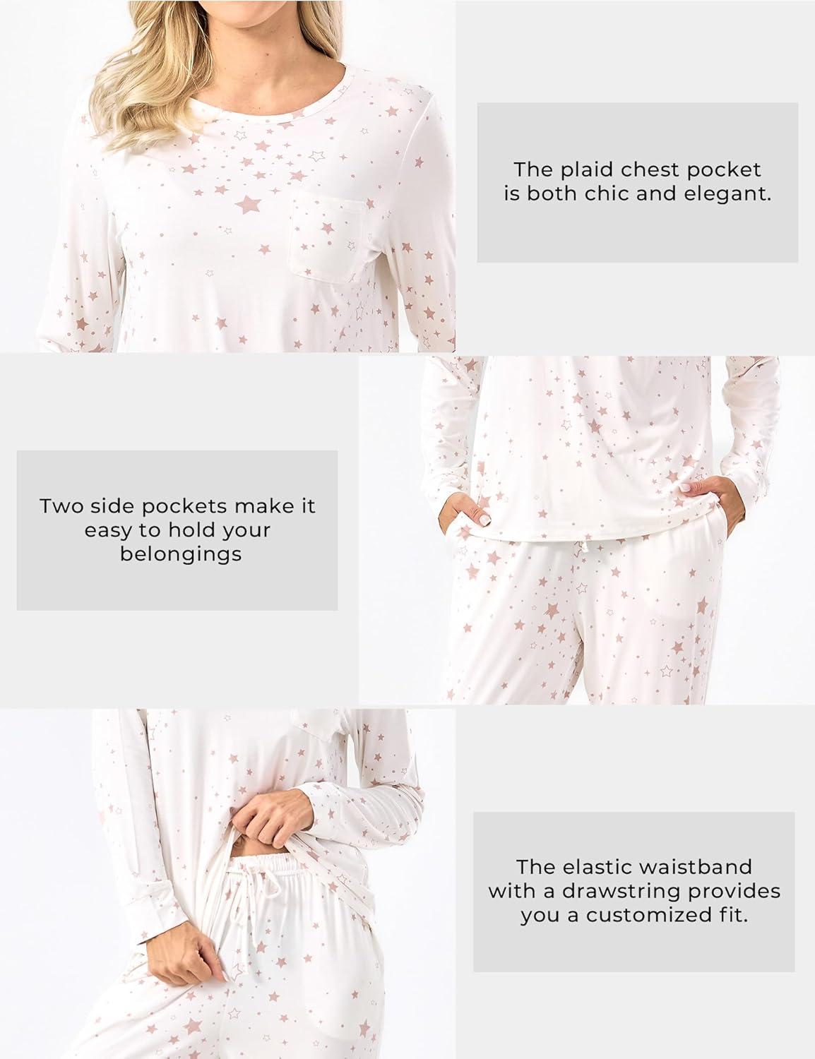 imageGYS Bamboo Viscose Sleep Sets for Women Long Sleeve Crew Neck Pajama Sets with PocketsWhite Stars