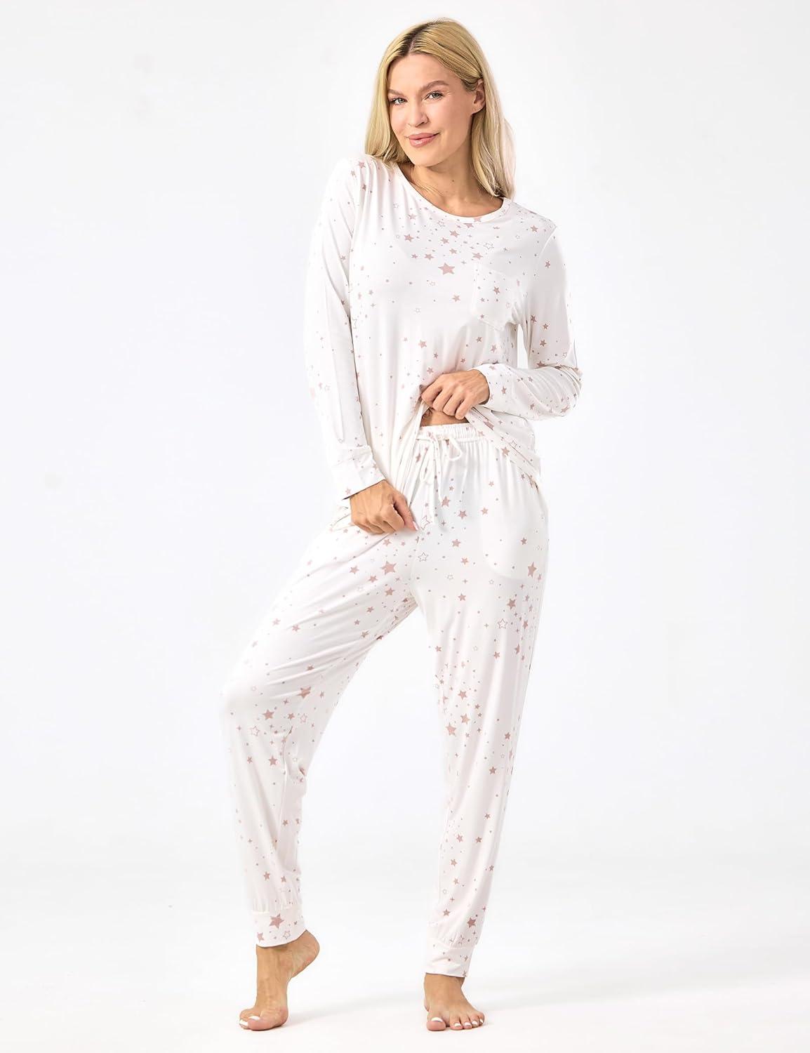 imageGYS Bamboo Viscose Sleep Sets for Women Long Sleeve Crew Neck Pajama Sets with PocketsWhite Stars