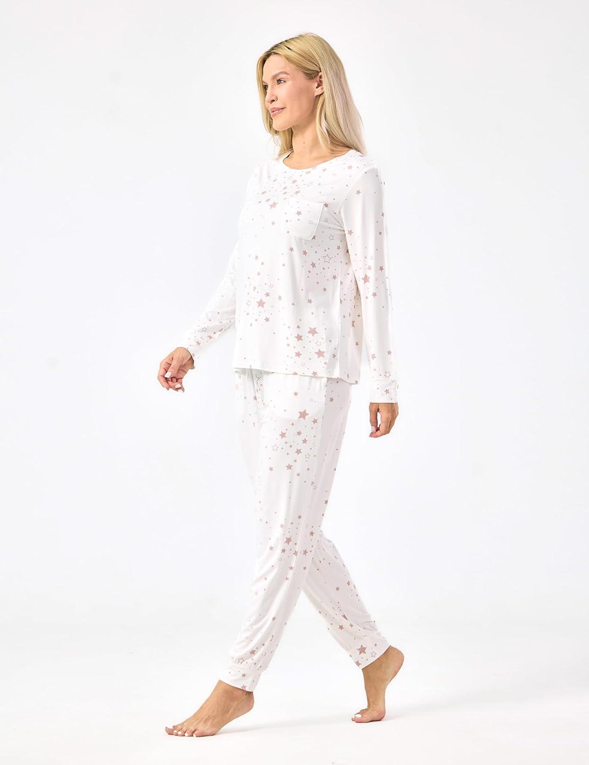 imageGYS Bamboo Viscose Sleep Sets for Women Long Sleeve Crew Neck Pajama Sets with PocketsWhite Stars