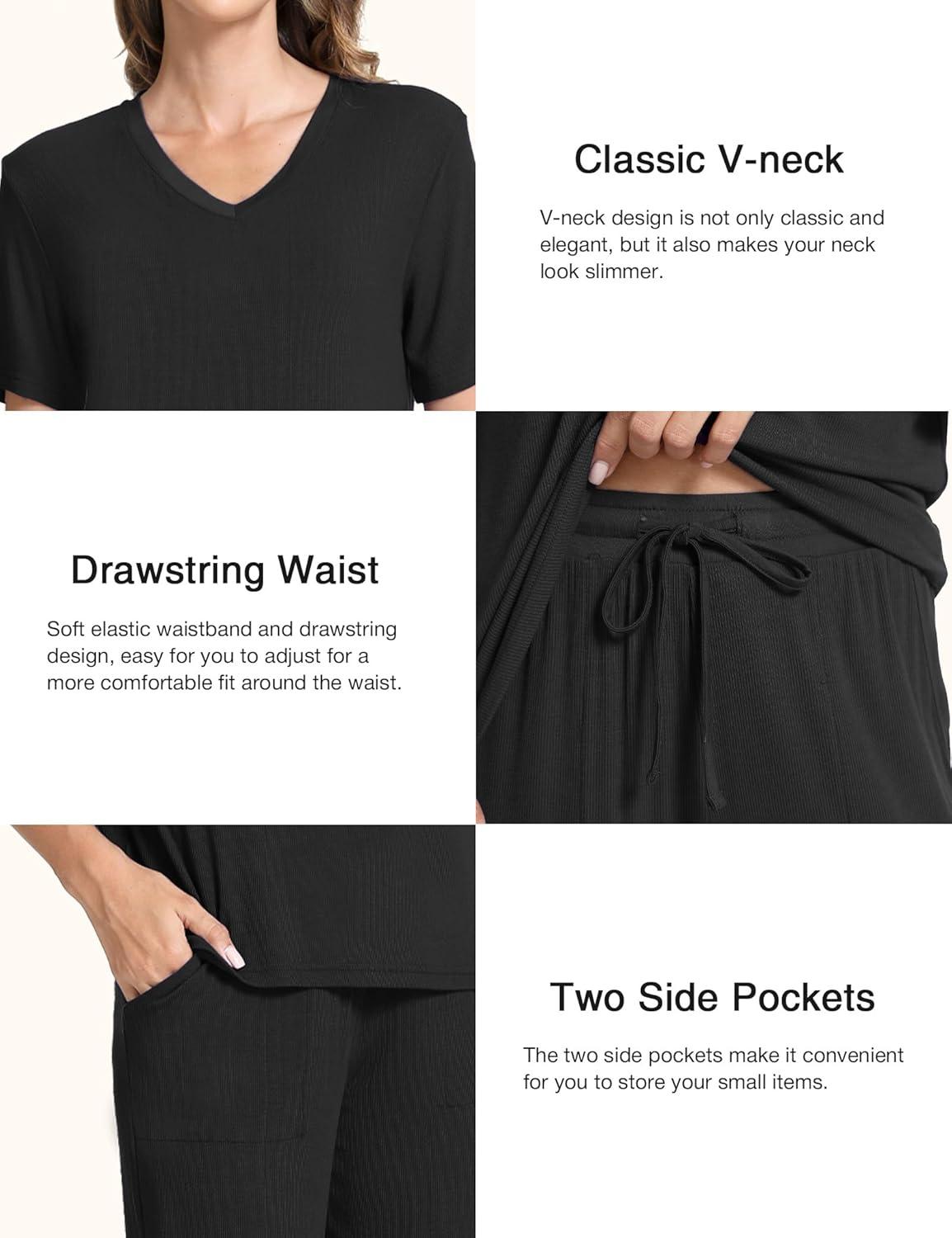 imageGYS Bamboo Viscose Sleep Sets for Women Short Sleeve VNeck Top and Capri Pants Pajama SetsBlack