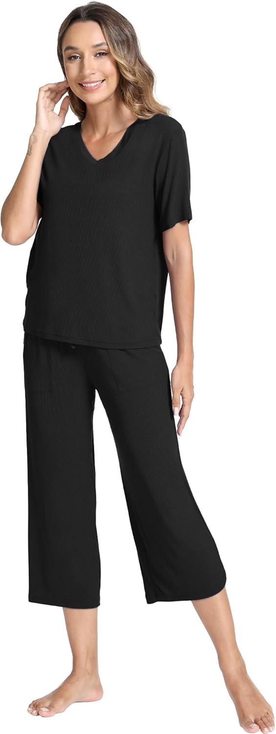 imageGYS Bamboo Viscose Sleep Sets for Women Short Sleeve VNeck Top and Capri Pants Pajama SetsBlack