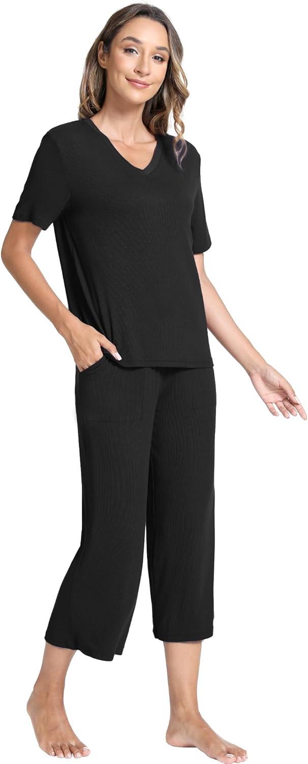 imageGYS Bamboo Viscose Sleep Sets for Women Short Sleeve VNeck Top and Capri Pants Pajama SetsBlack