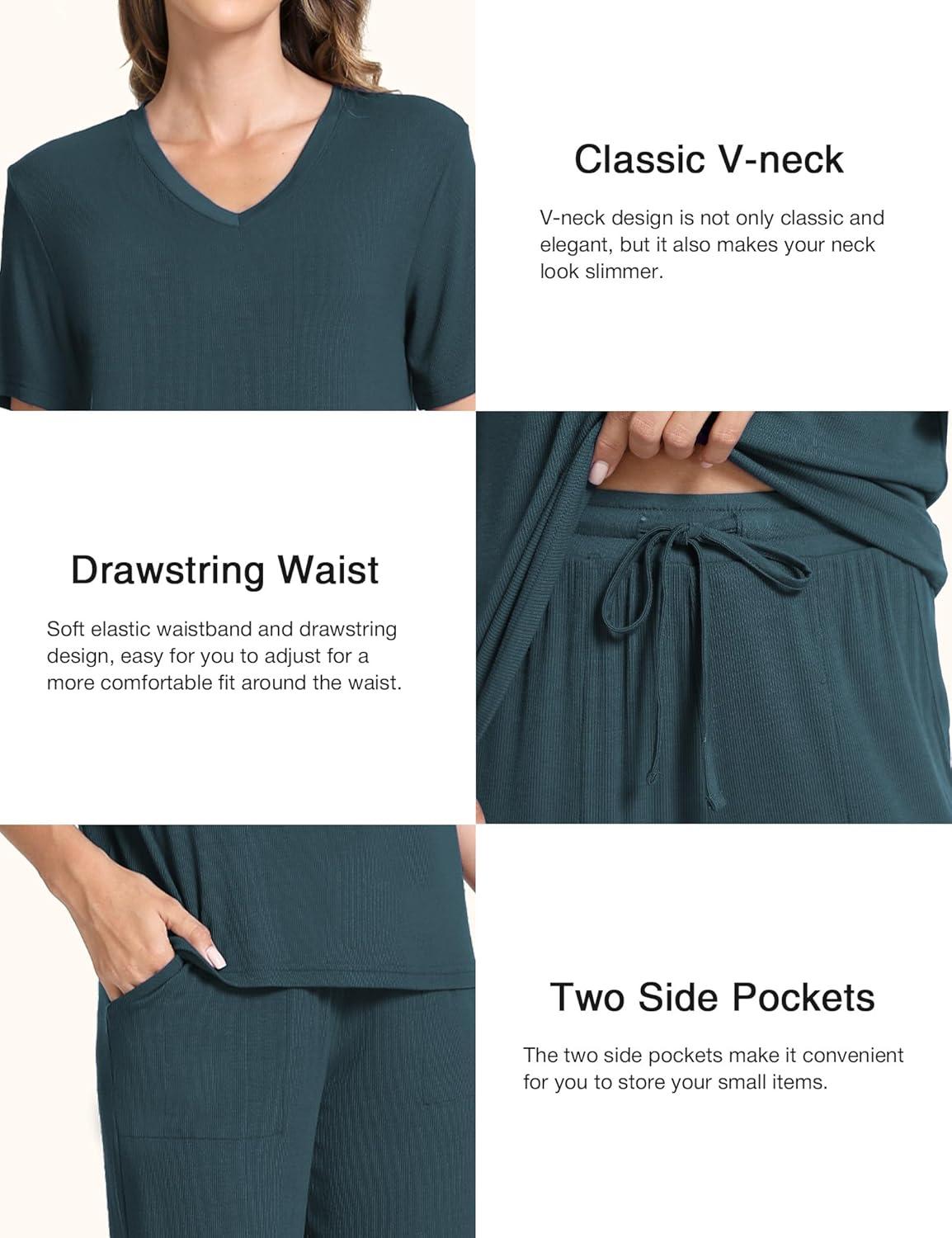 imageGYS Bamboo Viscose Sleep Sets for Women Short Sleeve VNeck Top and Capri Pants Pajama SetsInk Blue