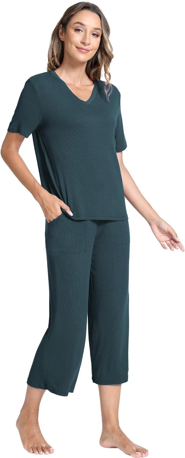 imageGYS Bamboo Viscose Sleep Sets for Women Short Sleeve VNeck Top and Capri Pants Pajama SetsInk Blue