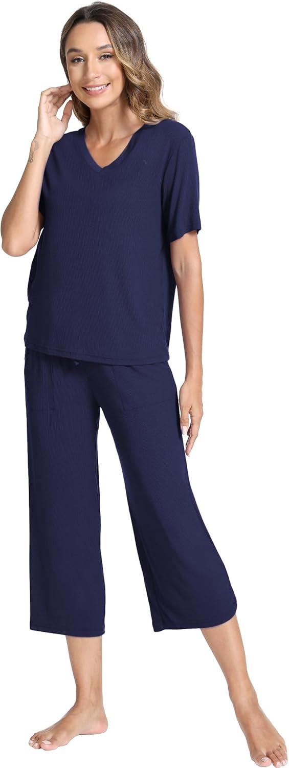 imageGYS Bamboo Viscose Sleep Sets for Women Short Sleeve VNeck Top and Capri Pants Pajama SetsNavy