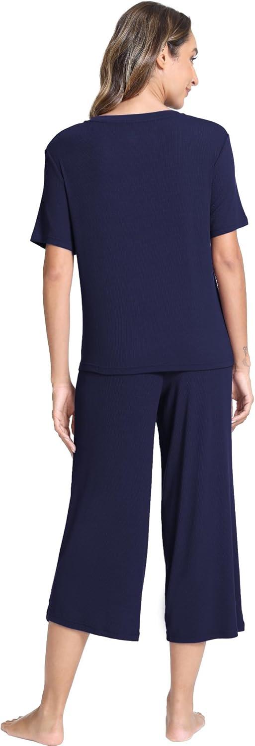 imageGYS Bamboo Viscose Sleep Sets for Women Short Sleeve VNeck Top and Capri Pants Pajama SetsNavy