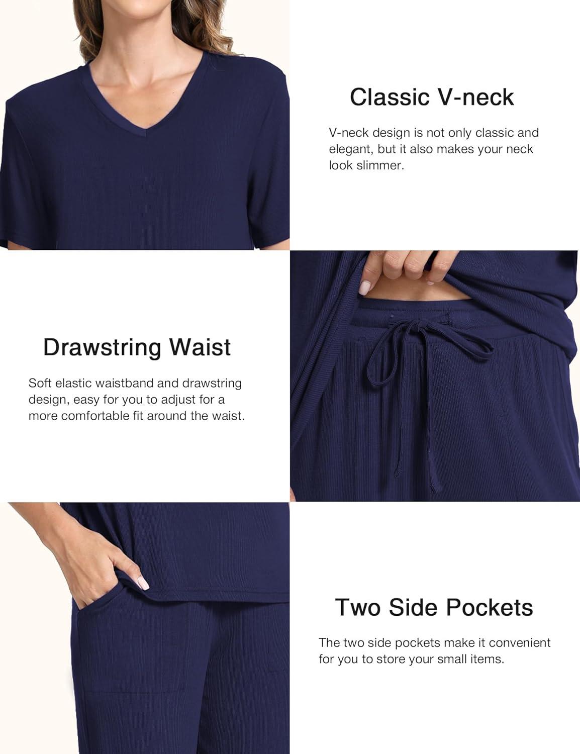 imageGYS Bamboo Viscose Sleep Sets for Women Short Sleeve VNeck Top and Capri Pants Pajama SetsNavy