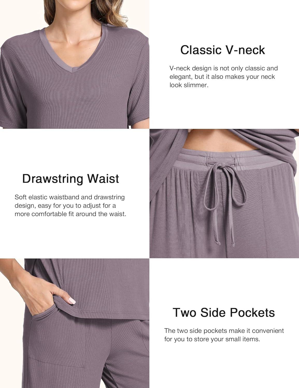 imageGYS Bamboo Viscose Sleep Sets for Women Short Sleeve VNeck Top and Capri Pants Pajama SetsPurplish Grey