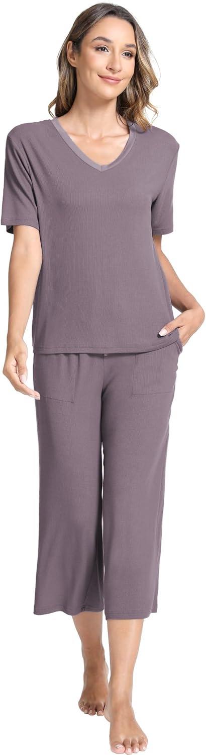 imageGYS Bamboo Viscose Sleep Sets for Women Short Sleeve VNeck Top and Capri Pants Pajama SetsPurplish Grey
