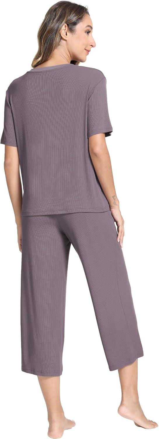 imageGYS Bamboo Viscose Sleep Sets for Women Short Sleeve VNeck Top and Capri Pants Pajama SetsPurplish Grey