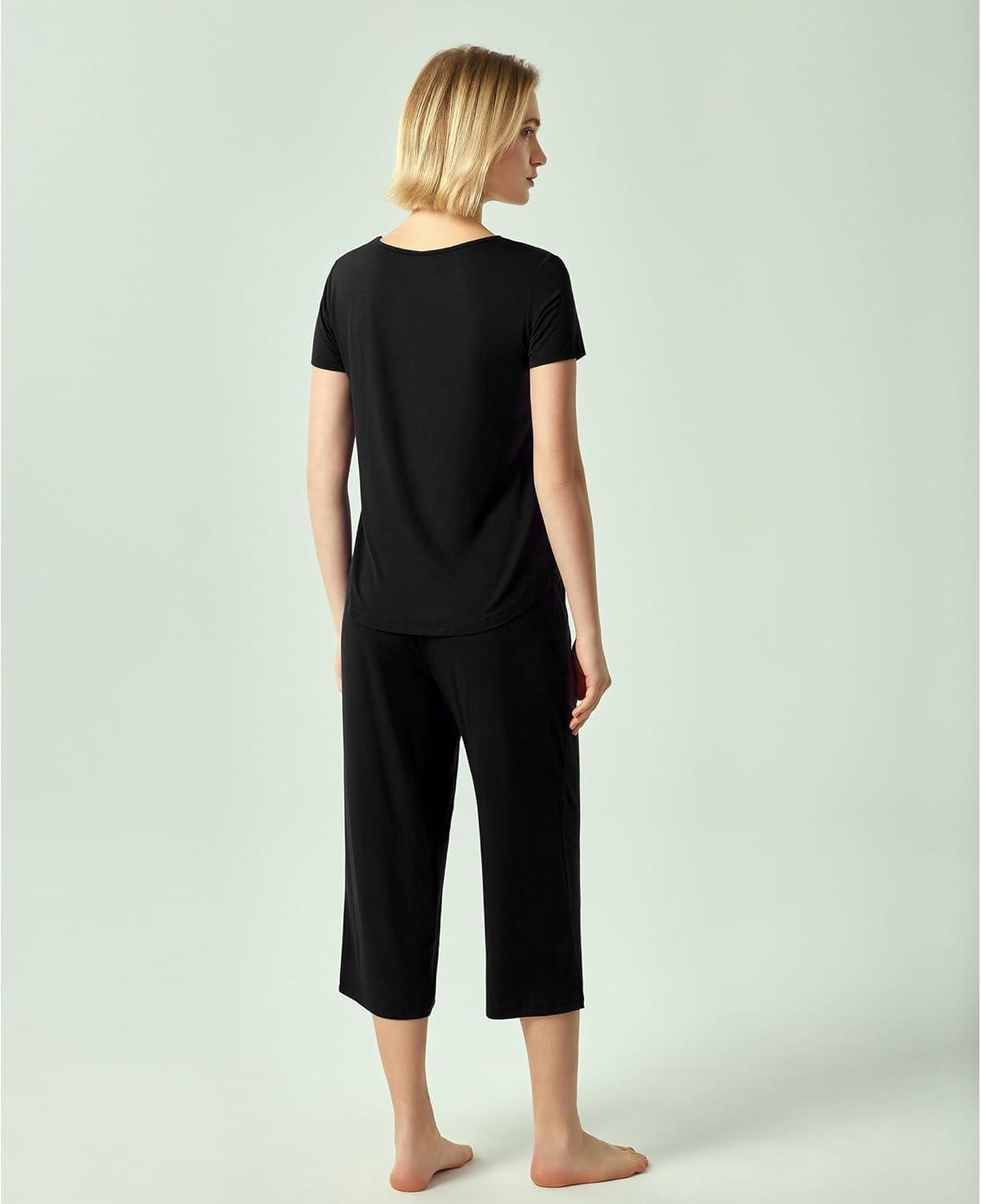 imageGYS Bamboo Viscose Women Pajama Sets Short Sleeve Top and Capri Pants 2 Piece Casual Lounge SetsBlack