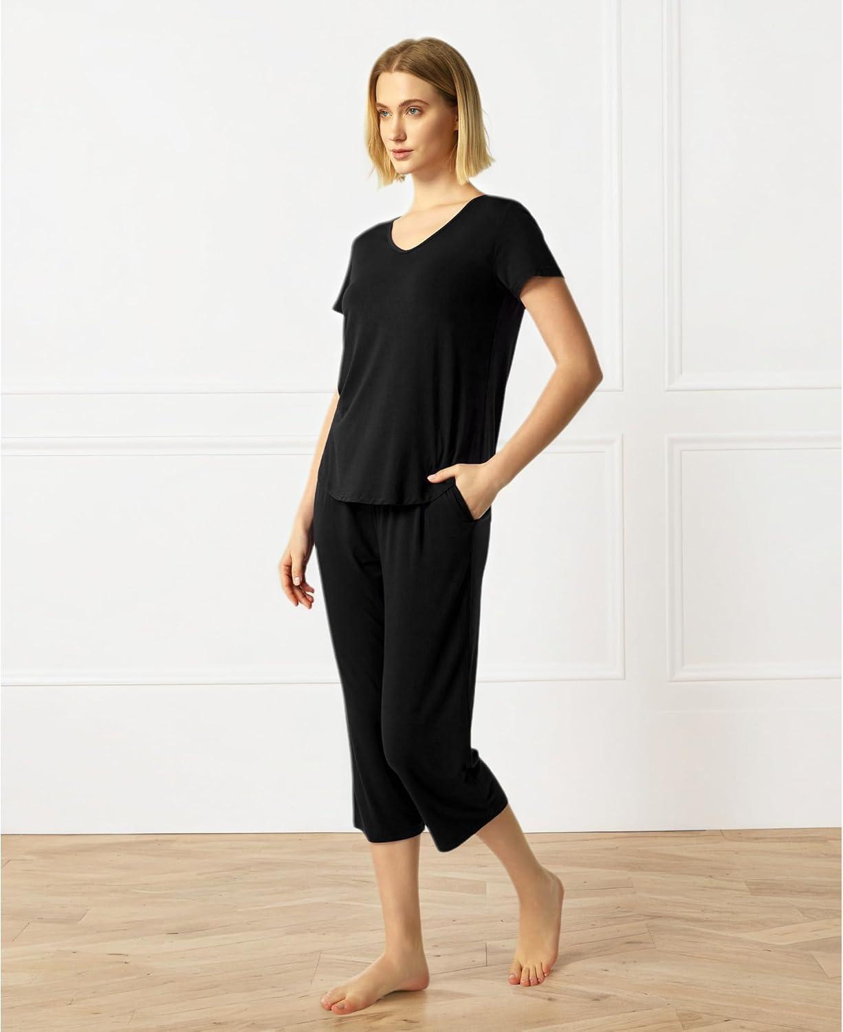 imageGYS Bamboo Viscose Women Pajama Sets Short Sleeve Top and Capri Pants 2 Piece Casual Lounge SetsBlack