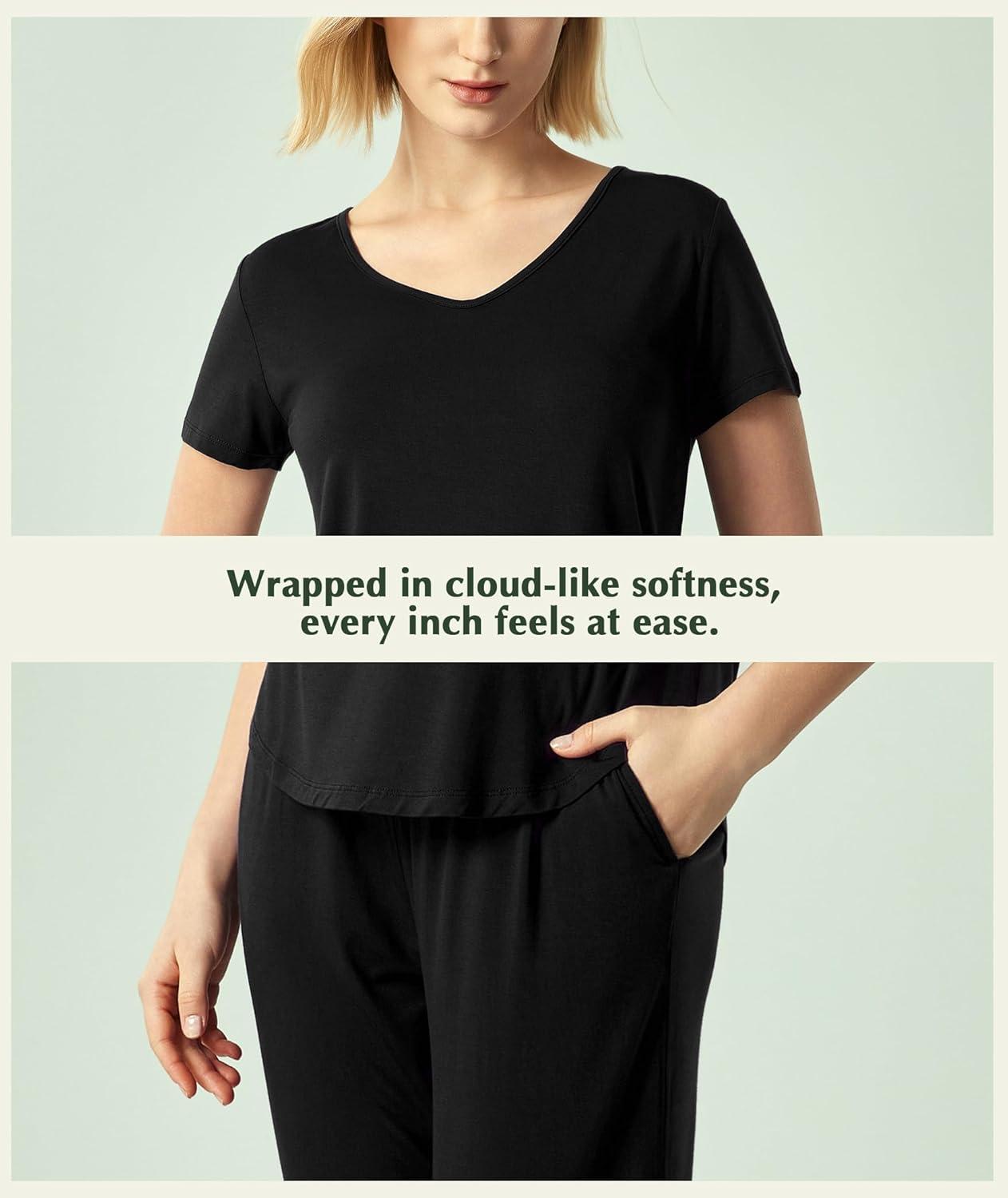 imageGYS Bamboo Viscose Women Pajama Sets Short Sleeve Top and Capri Pants 2 Piece Casual Lounge SetsBlack